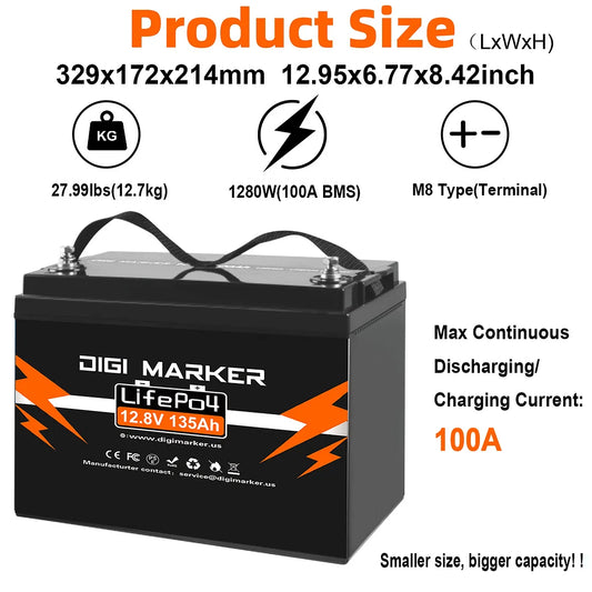 12.8V 135Ah LiFePO4 Battery 1728Wh Mini Size
