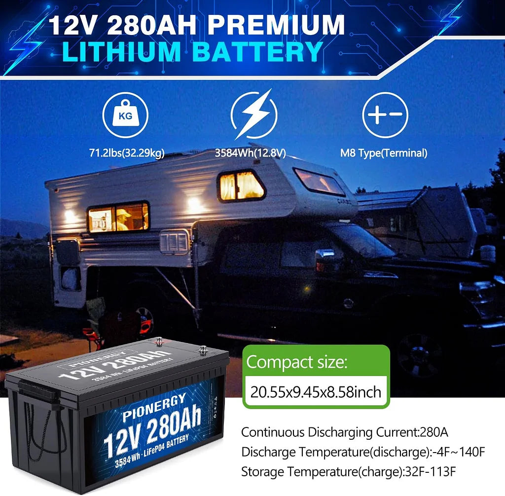 Pionergy 12V 280Ah LiFePO4 Battery: 200A BMS, 4000+ Cycles