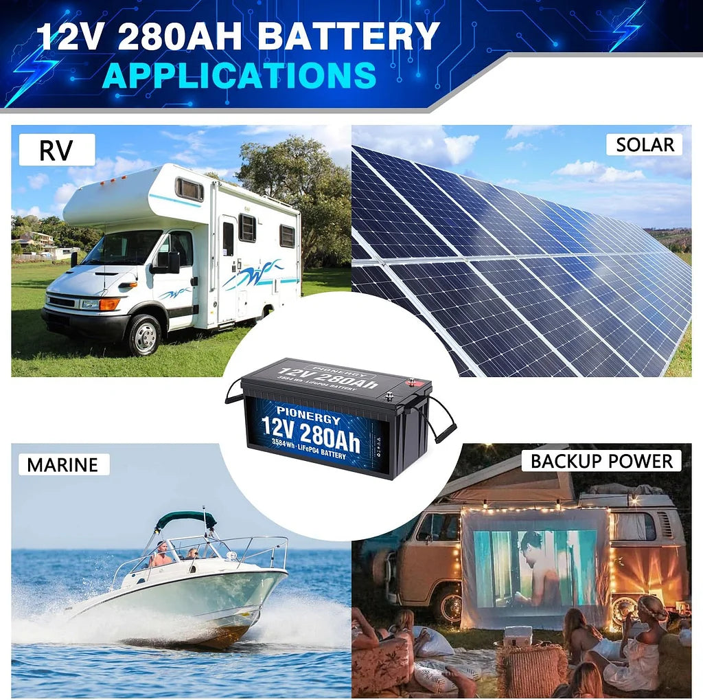 Pionergy 12V 280Ah LiFePO4 Battery: 200A BMS, 4000+ Cycles