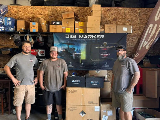 AllCo team members with DIGI MARKER batteries and the dealer banner