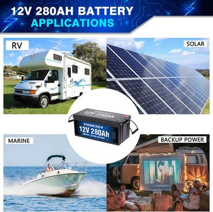 Pionergy 12V 280Ah LiFePO4 Battery: 200A BMS, 4000+ Cycles