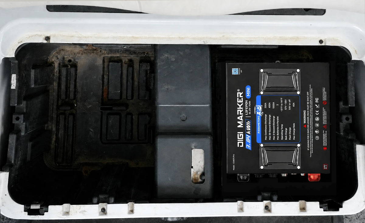 Modern lithium golf cart battery installed in the golf cart battery compartment after upgrade