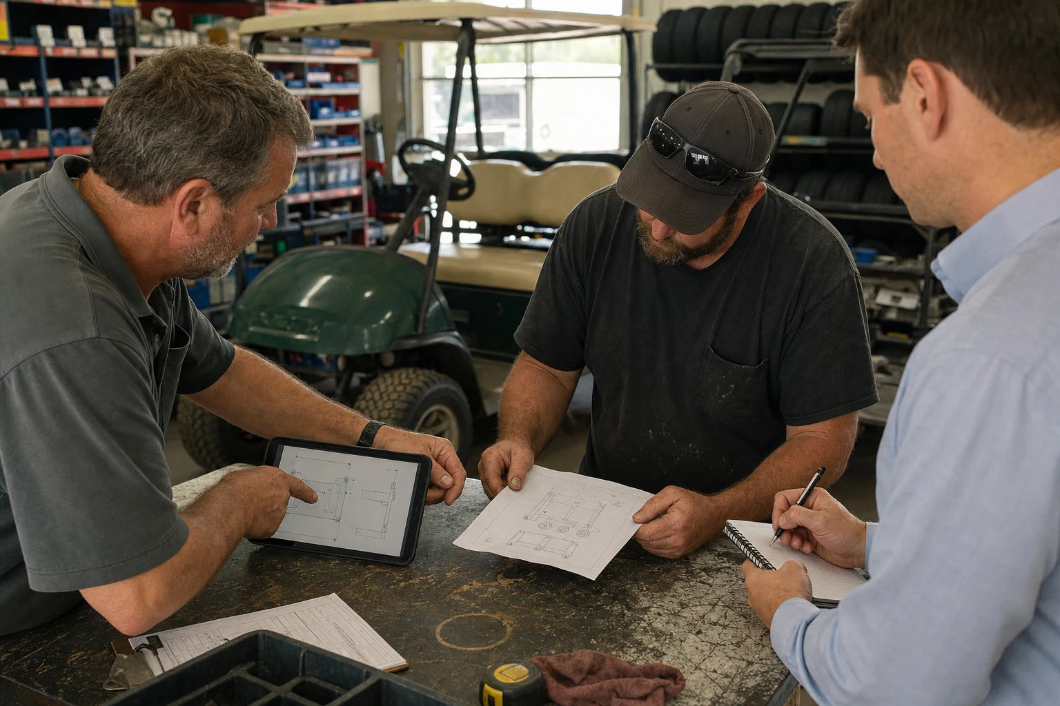 Golf cart shop professionals reviewing fitment information at a work counter