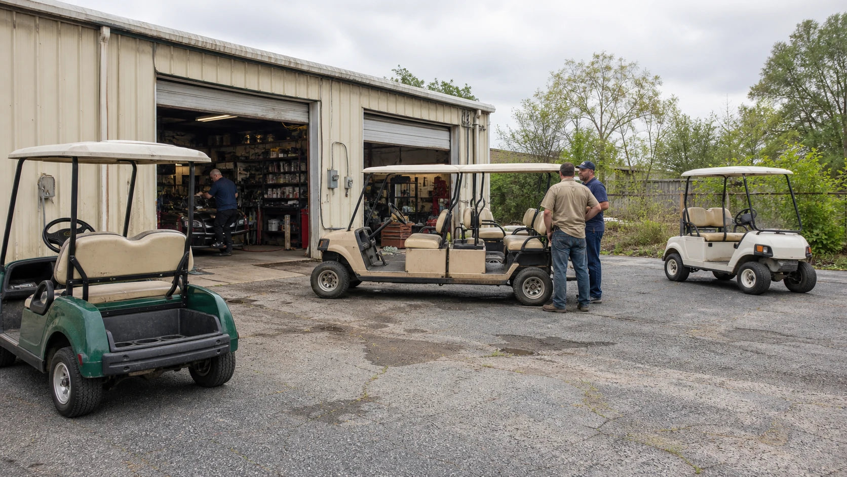 Golf cart professionals discussing a cart outside a service shop